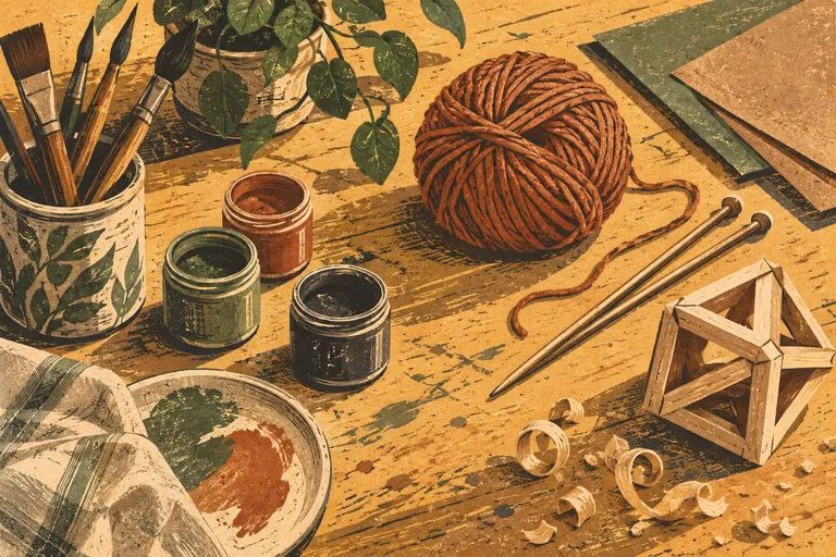 Print-style illustration of brushes, paint, yarn and a wooden model on a craft workbench.